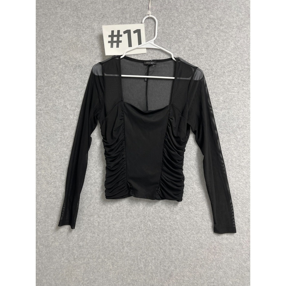 Papermoon Nelope‎ Ruched Mesh Top Womens Large Black Stretch Square Neck Casual
